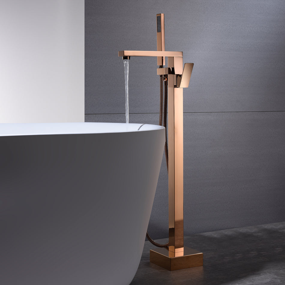 Rose Gold Finish Single Handle Floor Mount Freestanding Tub Filler Faucet with Hand Shower