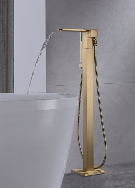 Waterfall Brushed Gold Finish Single Handle Floor Mount Freestanding Tub Filler Faucet with Hand Shower