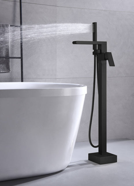 Waterfall Matte Black Freestanding pressure Balance Single Handle Bathtub Faucet with Handheld Sprayer