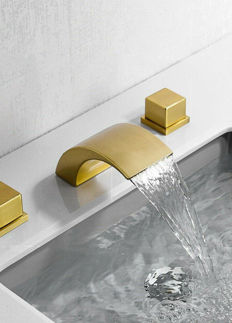 Brushed gold waterfall bathroom sink faucet spreadwide 3 holes 2 handles with pop up drain