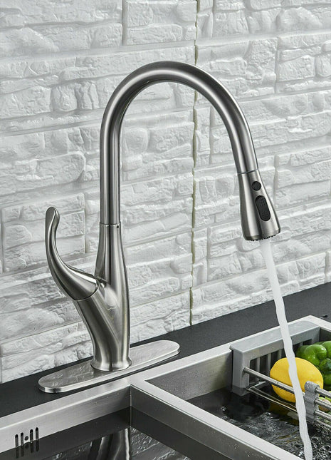 Kitchen Sink Faucet Pull Out Sprayer Brushed Nickel Mixer Tap With Deck Plate