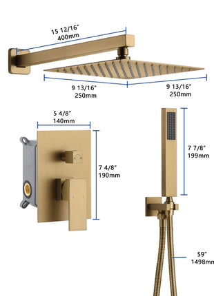 two way 12 Inch wall Mount Brushed Gold Pressure balance Shower System