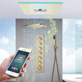 Brushed gold Gold Flush mounted 16 Inch 64 colors LED Bluetooth Music Rainfall Waterfall Mist rotating hydro jet Shower Head 6 Way Thermostatic Shower Faucet Set with regular head