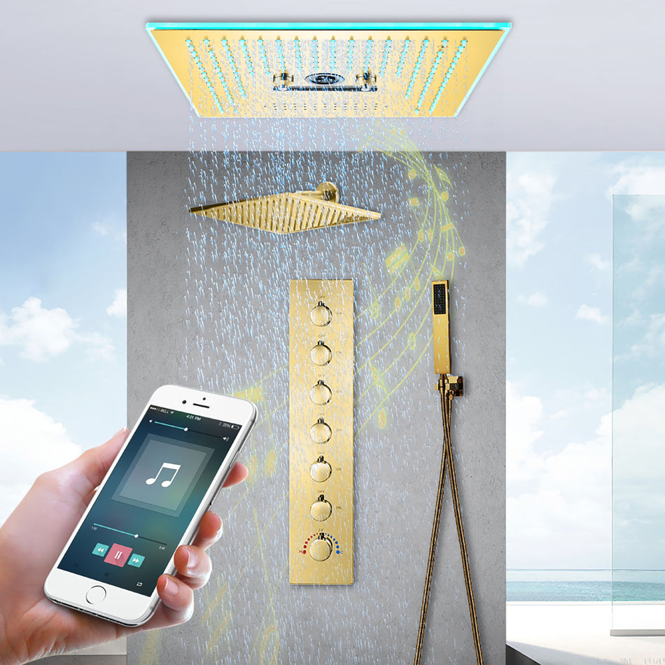 Polished Gold Flushed in 16 Inch 64 colors LED Bluetooth Music Rainfall Waterfall Mist rotating hydro jet Shower Head 6 Way Thermostatic Shower Faucet Set with regular head