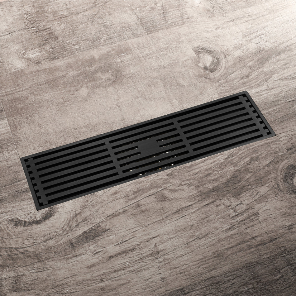 12 Inch Shower Linear Matte black Drain Rectangular Floor Drain with Accessories Square Hole Pattern Cover Grate Removable Matte Black Brass