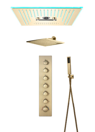 Brushed gold Gold Flush mounted 16 Inch 64 colors LED Bluetooth Music Rainfall Waterfall Mist rotating hydro jet Shower Head 6 Way Thermostatic Shower Faucet Set with regular head