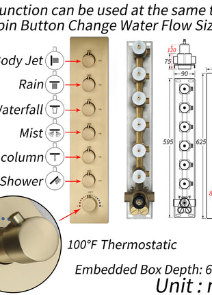 Brushed gold Gold Flush mounted 16 Inch 64 colors LED Bluetooth Music Rainfall Waterfall Mist rotating hydro jet Shower Head 6 Way Thermostatic Shower Faucet Set with regular head