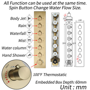 
                  
                    Brushed gold Gold Flush mounted 16 Inch 64 colors LED Bluetooth Music Rainfall Waterfall Mist rotating hydro jet Shower Head 6 Way Thermostatic Shower Faucet Set with regular head
                  
                