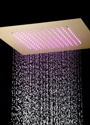 Brushed gold flush mounted 20 inch rainfall 64 LED light Bluetooth Music shower head 3 way digital display shower faucet with regular head