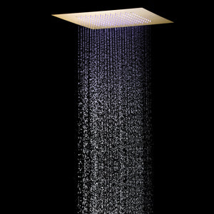 
                  
                    Brushed gold flush mounted 20 inch rainfall 64 LED light Bluetooth Music shower head 4 way digital display shower faucet with Dual regular head
                  
                