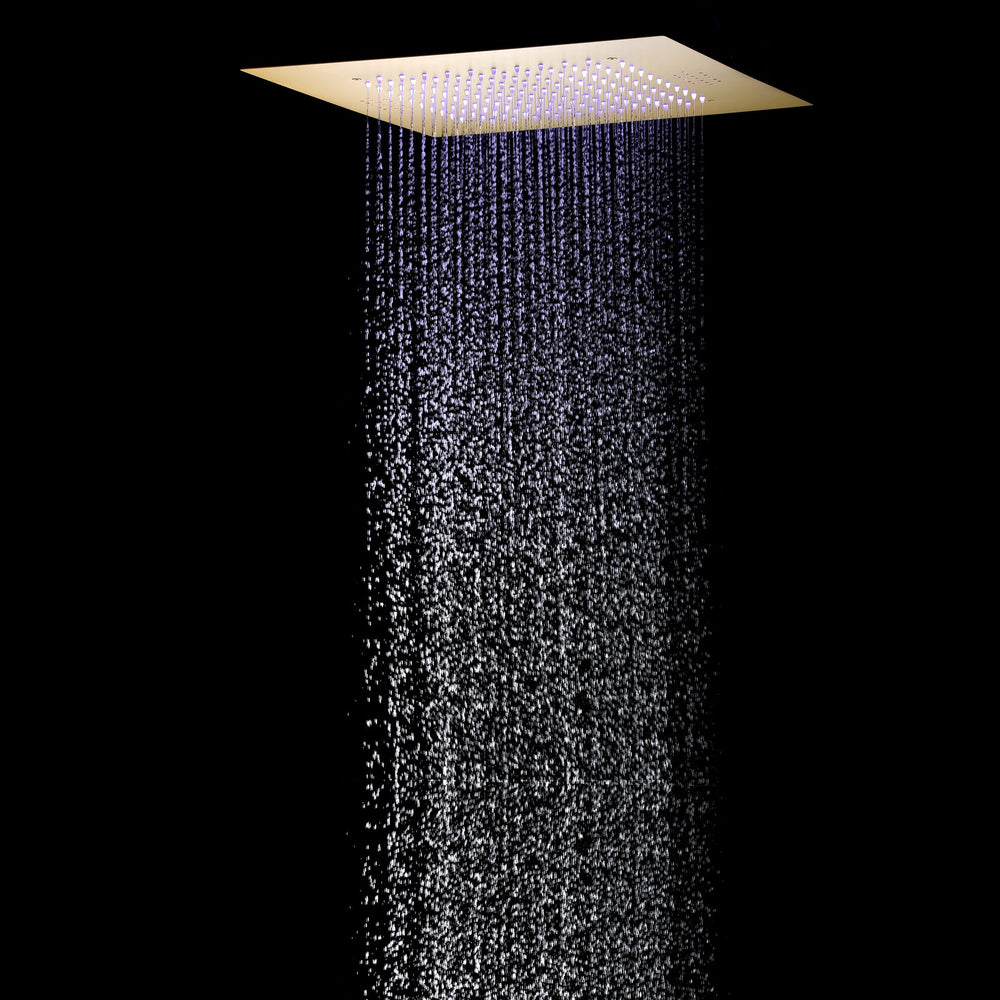 
                  
                    Brushed gold flush mounted 20 inch rainfall 64 LED light Bluetooth Music shower head 3 way digital display shower faucet with regular head
                  
                