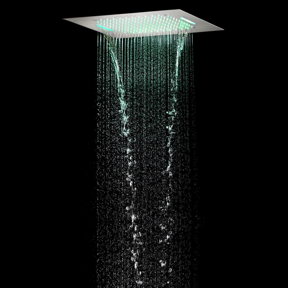
                  
                    20inch Brushed nickel Flushed mount rainfall waterfall 64 LED light bluetooth music shower systems 4 way digital display thermostatic valve with regular head
                  
                