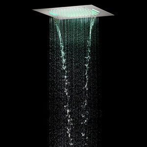 
                  
                    20 Inch Brushed nickel Flushed mount rainfall waterfall 64 LED light Bluetooth Music shower systems 5 way Digital display thermostatic valve with 6 body jets and regular head
                  
                