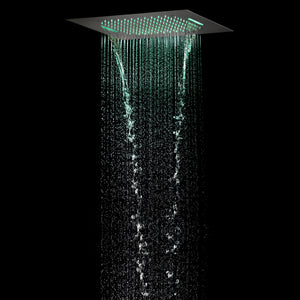 
                  
                    20 inch flushed mounted rainfall waterfall 64 led light bluetooth music 4 way digital display thermostatic shower system with regular head
                  
                