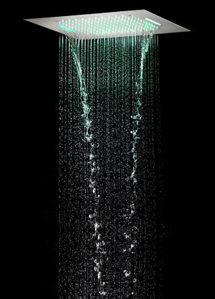 Dual 20 Inch Brushed nickel Flushed mount rainfall waterfall 64 LED light Bluetooth Music shower systems 6 way Digital display thermostatic valve with 6 body jets and regular head