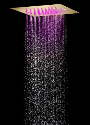 Brushed gold flush mounted 20 inch rainfall Waterfall 64 LED light Bluetooth Music shower head 4 way digital display shower faucet with regular head