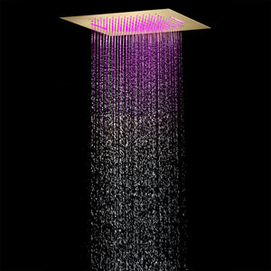 
                  
                    Brushed gold flush mounted 20 inch rainfall Waterfall 64 LED light Bluetooth Music shower head 4 way digital display shower faucet with regular head
                  
                