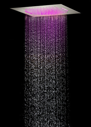 20inch Brushed nickel Flushed mount rainfall waterfall 64 LED light bluetooth music shower systems 4 way digital display thermostatic valve with regular head