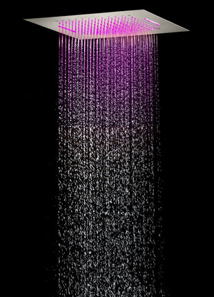 Dual 20 Inch Brushed nickel Flushed mount rainfall waterfall 64 LED light Bluetooth Music shower systems 6 way Digital display thermostatic valve with 6 body jets and regular head