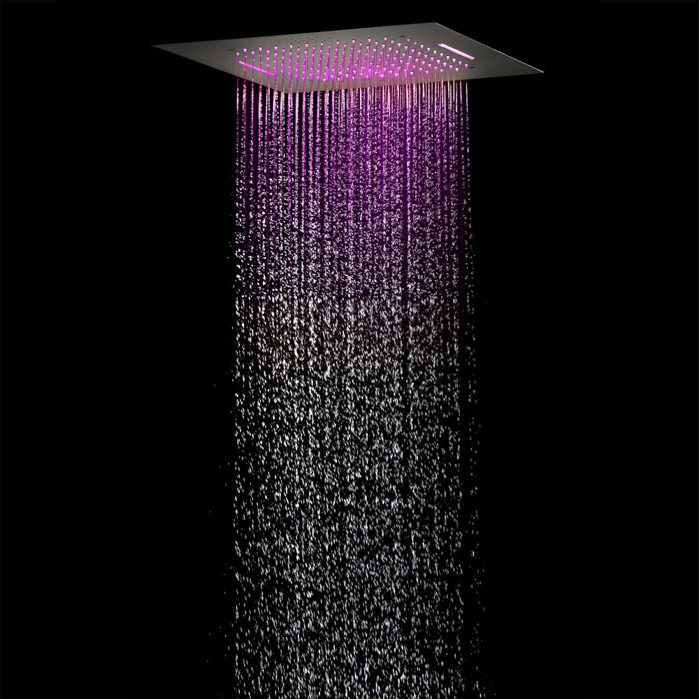
                  
                    20 inch flushed mounted rainfall waterfall 64 led light bluetooth music 4 way digital display thermostatic shower system with regular head
                  
                