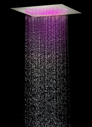 20 Inch Brushed nickel Flushed mount rainfall waterfall 64 LED light Bluetooth Music shower systems 5 way Digital display thermostatic valve with 6 body jets and regular head