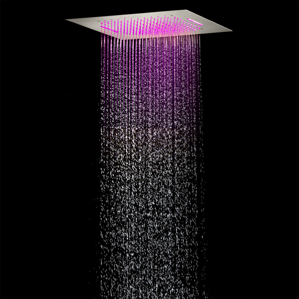 
                  
                    20 Inch Brushed nickel Flushed mount rainfall waterfall 64 LED light Bluetooth Music shower systems 5 way Digital display thermostatic valve with 6 body jets and regular head
                  
                