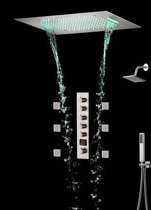 64 LED colors Brushed nickel music led flushed in 20 inch shower head 5 way Digital display thermostatic valve that each function run at the same time and separately