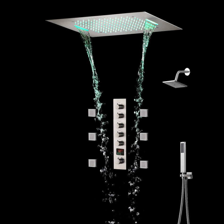 64 LED colors Brushed nickel music led flushed in 20 inch shower head 5 way Digital display thermostatic valve that each function run at the same time and separately