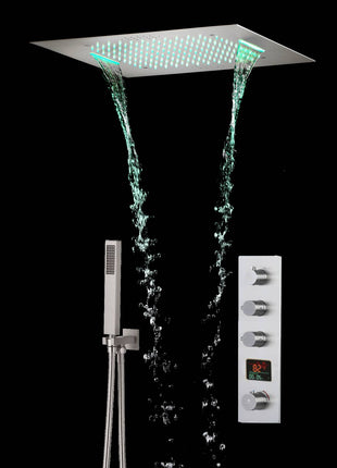 Brushed nickel 20 inch flushed mount rainfall waterfall 64 LED light bluetooth music shower digital thermostatic faucet system with handle shower