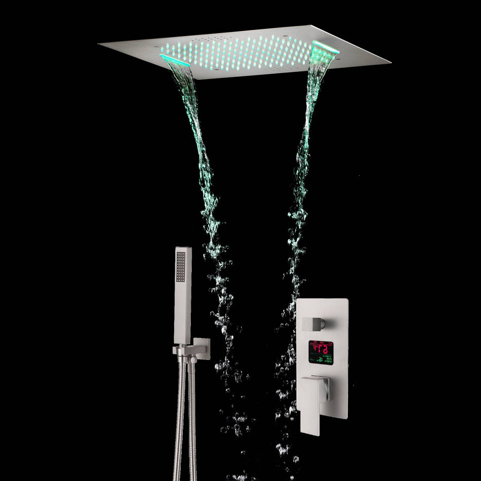 Brushed nickel 20 inch flushed mount rainfall waterfall 64 LED light bluetooth music shower faucet system with handle shower