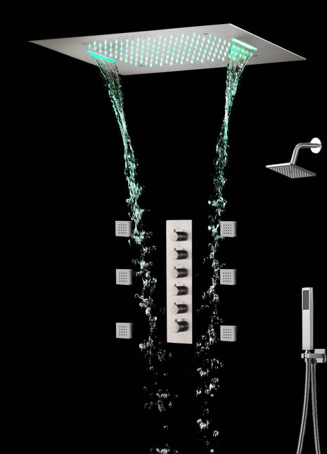 64 LED colors Brushed nickel music led flushed in 20 inch shower head 5 way Digital display thermostatic valve that each function run at the same time and separately