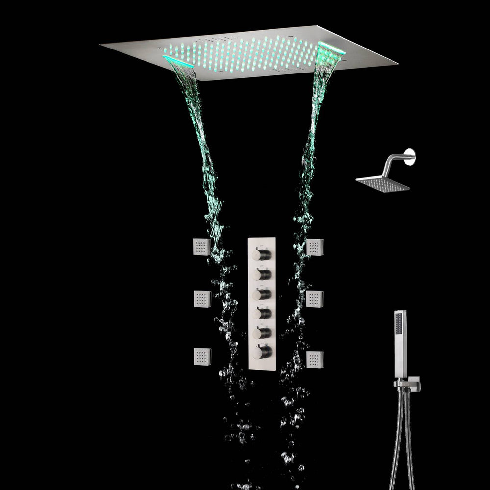 
                  
                    64 LED colors Brushed nickel music led flushed in 20 inch shower head 5 way Digital display thermostatic valve that each function run at the same time and separately
                  
                
