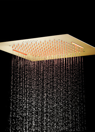 Brushed gold flush mounted 20 inch rainfall Waterfall 64 LED light Bluetooth Music shower head 4 way digital display shower faucet with regular head