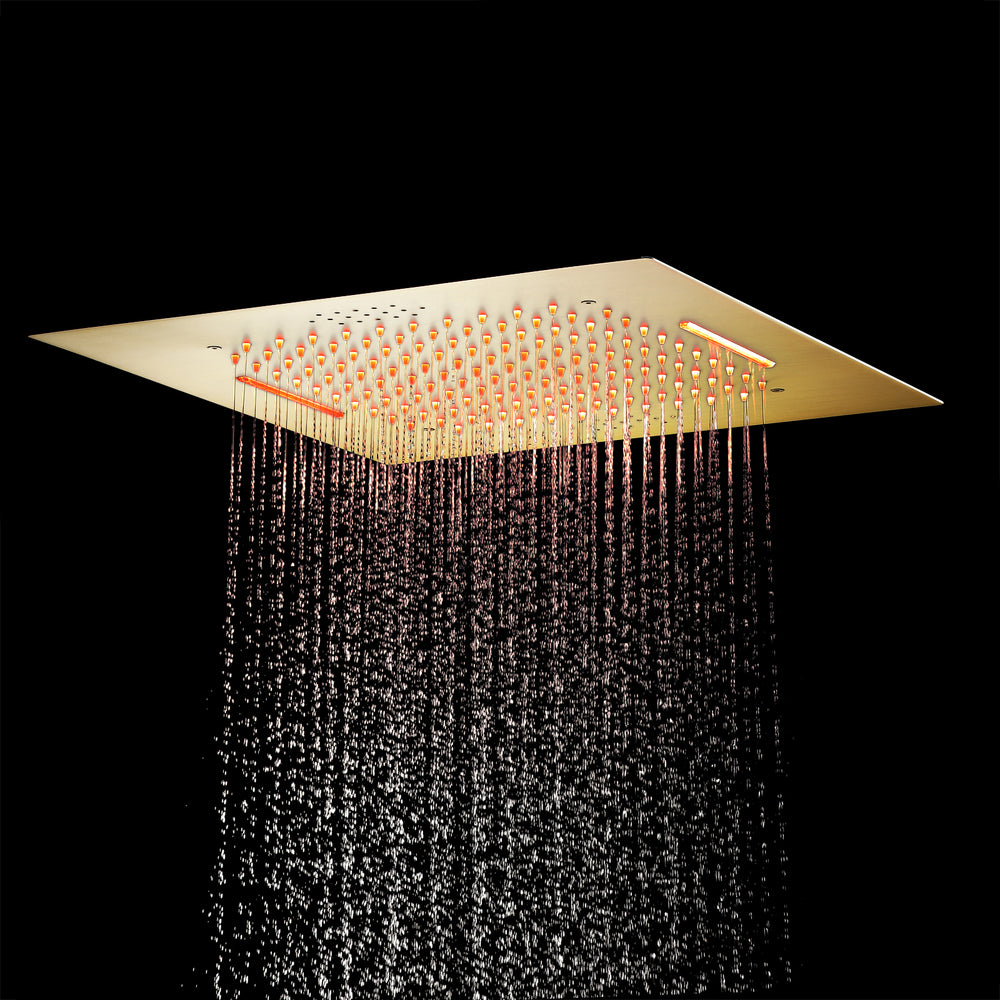 
                  
                    Brushed gold flush mounted 20 inch rainfall Waterfall 64 LED light Bluetooth Music shower head 4 way digital display shower faucet with regular head
                  
                