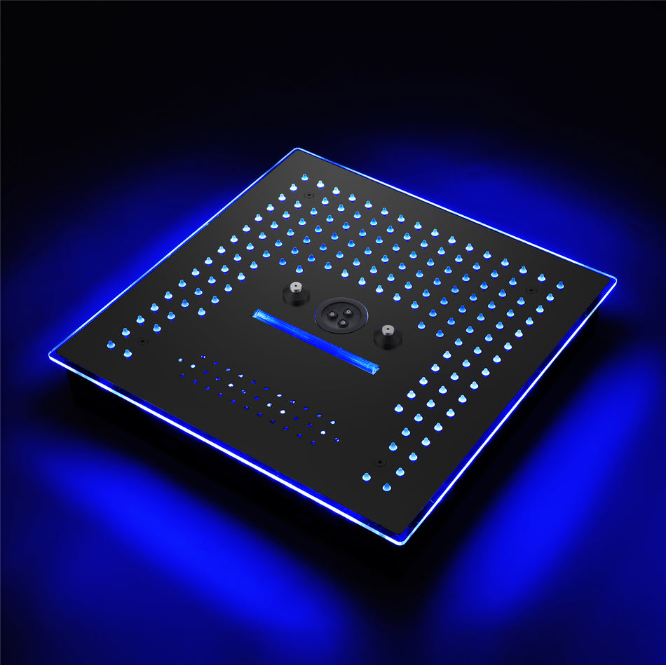 Matte Black  16'' x 16'' music 64 LED light rainfall waterfall mist 360 Degrees rotating hydro jet stainless shower head flushed mounted