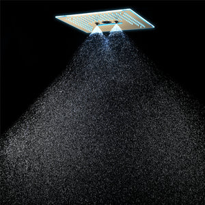 
                  
                    Brushed gold flushed on 16 inch rainfall waterfall mist hydro-water massage 64 LED light Bluetooth Music shower head 5 way digital display shower faucet
                  
                