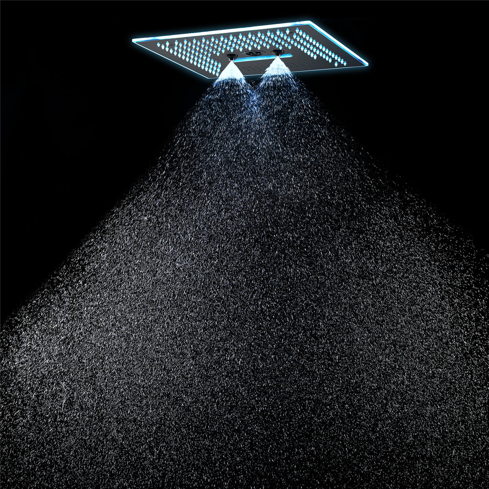 
                  
                    Matte black flushed on 16 inch rainfall waterfall mist hydro-water massage 64 LED light Bluetooth Music shower head 5 way digital display shower faucet
                  
                