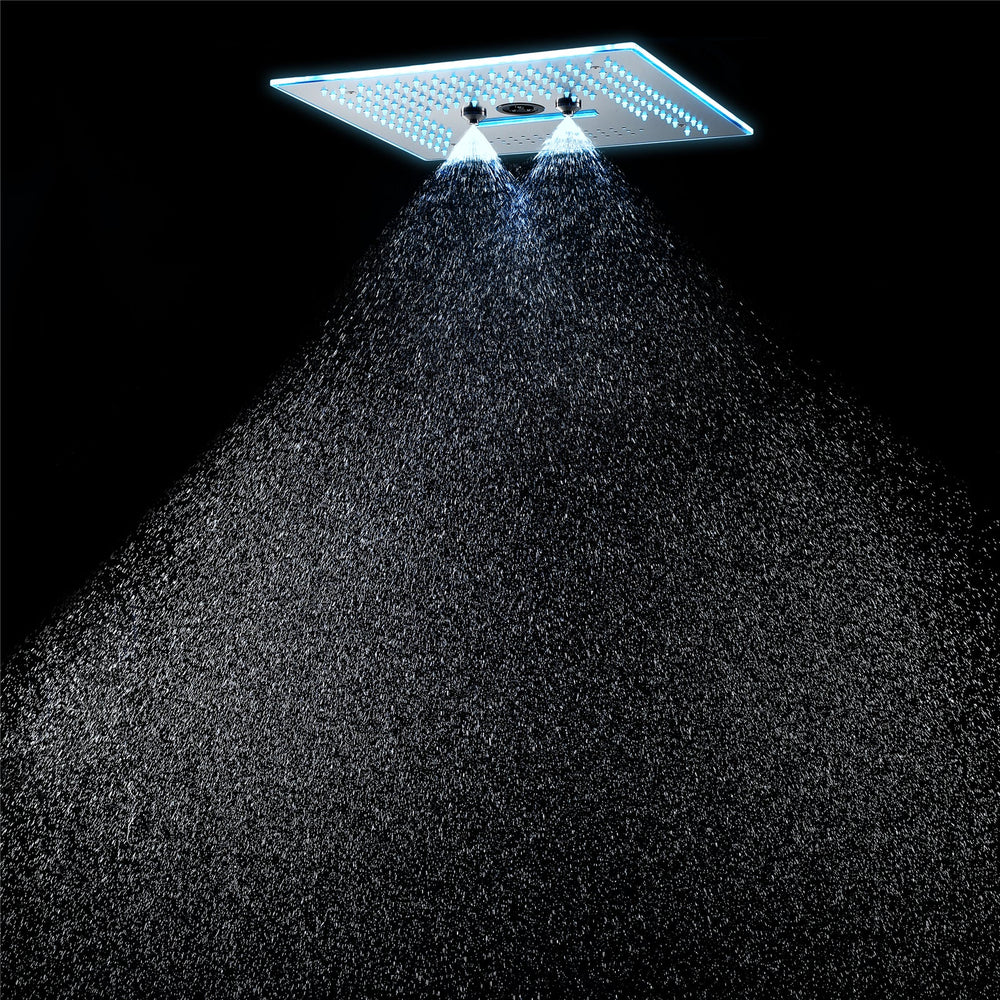 
                  
                    Brushed nickel  16'' x 16'' music 64 LED light rainfall waterfall mist 360 Degrees rotating hydro jet stainless shower head flushed mounted 3 way digital thermostatic shower system
                  
                
