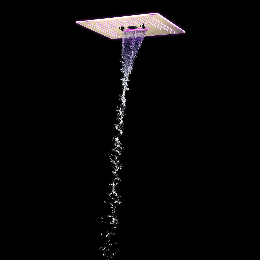
                  
                    Brushed gold 16'' x 16'' music 64 LED light rainfall waterfall mist 360 Degrees rotating hydro jet stainless shower head flushed mounted
                  
                
