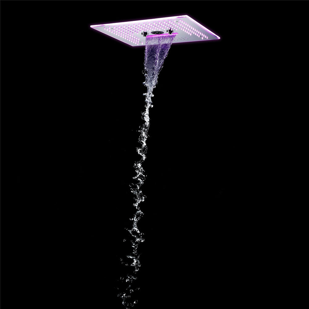 
                  
                    Brushed nickel  16'' x 16'' music 64 LED light rainfall waterfall mist 360 Degrees rotating hydro jet stainless shower head flushed mounted 3 way digital thermostatic shower system
                  
                