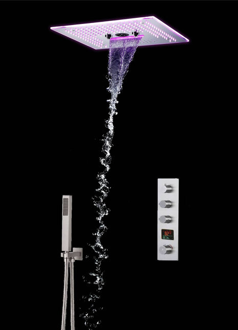 Brushed nickel  16'' x 16'' music 64 LED light rainfall waterfall mist 360 Degrees rotating hydro jet stainless shower head flushed mounted 3 way digital thermostatic shower system