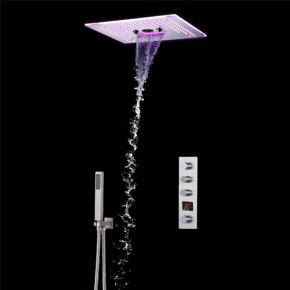 Brushed nickel  16'' x 16'' music 64 LED light rainfall waterfall mist 360 Degrees rotating hydro jet stainless shower head flushed mounted 3 way digital thermostatic shower system