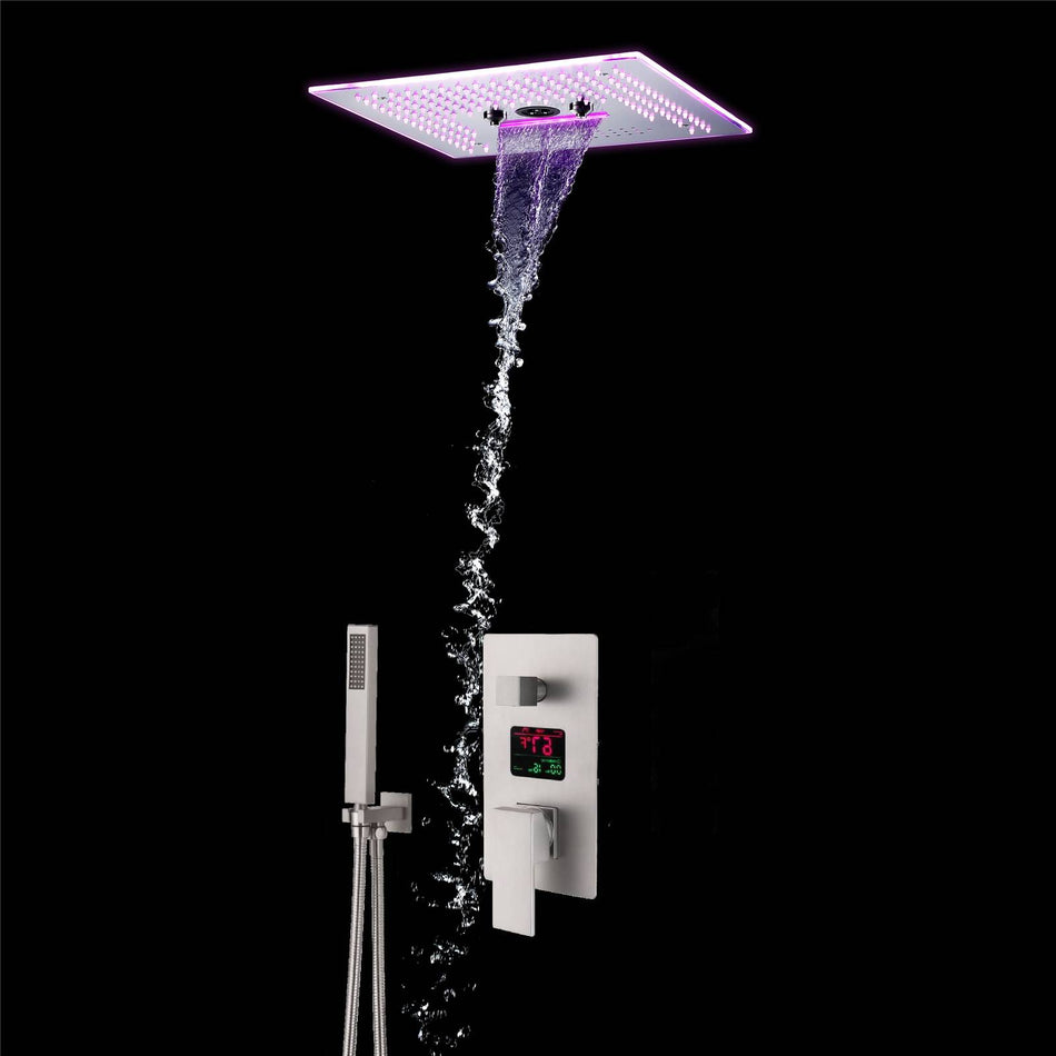 Brushed nickel  16'' x 16'' music 64 LED light rainfall waterfall mist 360 Degrees rotating hydro jet stainless shower head flushed mounted 3 way digital pressure balance shower system