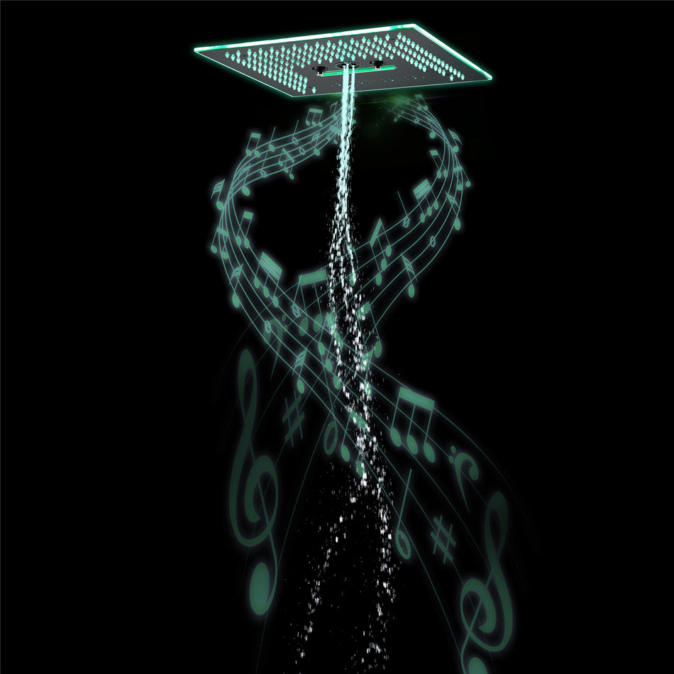 Matte Black  16'' x 16'' music 64 LED light rainfall waterfall mist 360 Degrees rotating hydro jet stainless shower head flushed mounted
