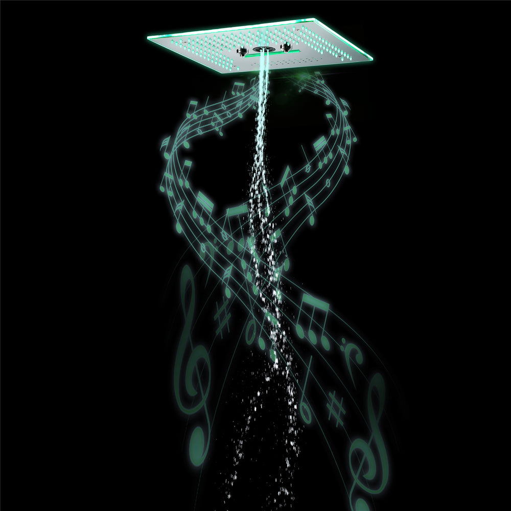 
                  
                    16 inch Brushed nickel Flushed mount rainfall waterfall mist hydro-water massage 64 LED light bluetooth music shower systems 5 way digital display thermostatic shower faucet
                  
                