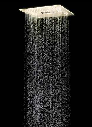 Brushed gold 16'' x 16'' music 64 LED light rainfall waterfall mist 360 Degrees rotating hydro jet stainless shower head flushed mounted