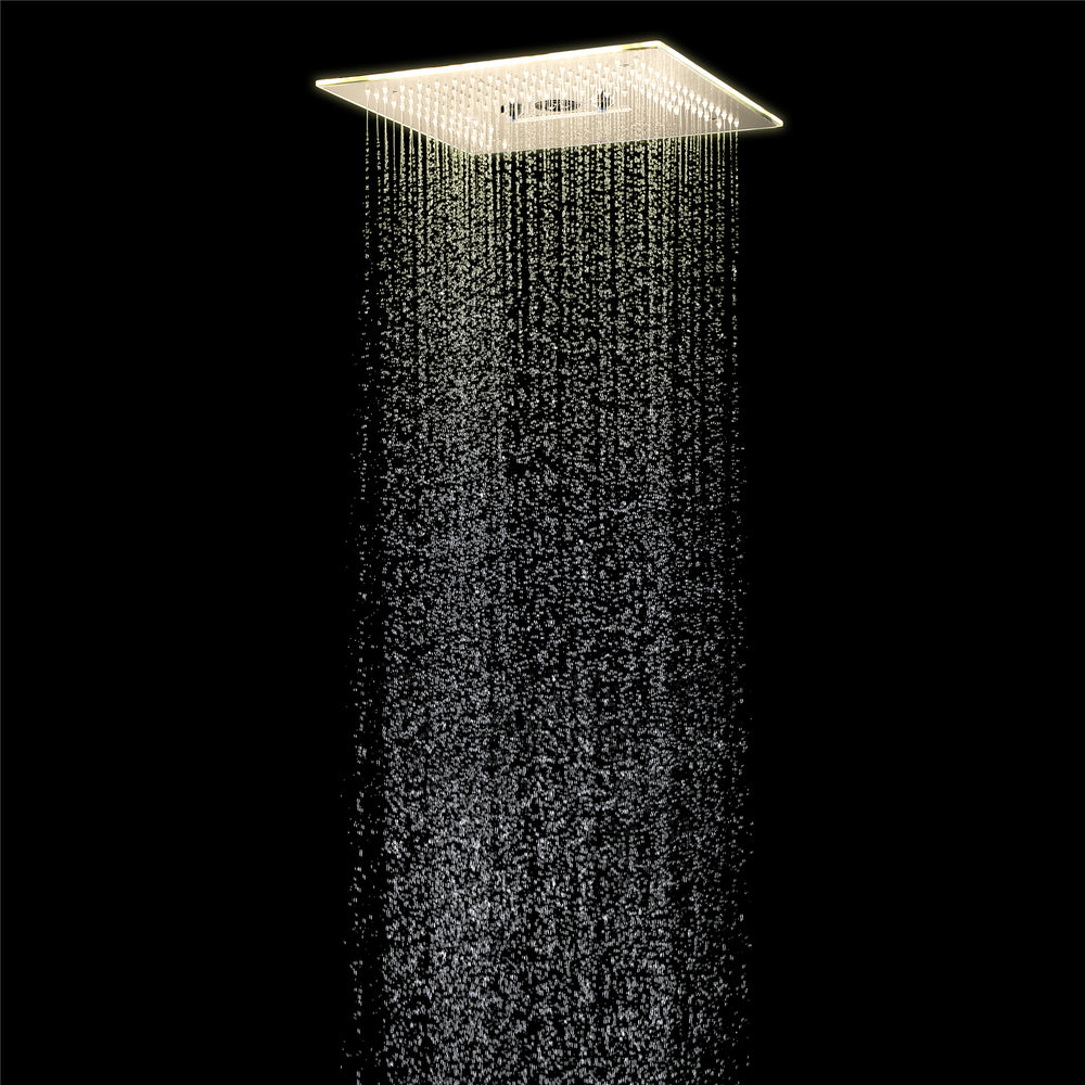 
                  
                    Brushed gold 16'' x 16'' music 64 LED light rainfall waterfall mist 360 Degrees rotating hydro jet stainless shower head flushed mounted
                  
                