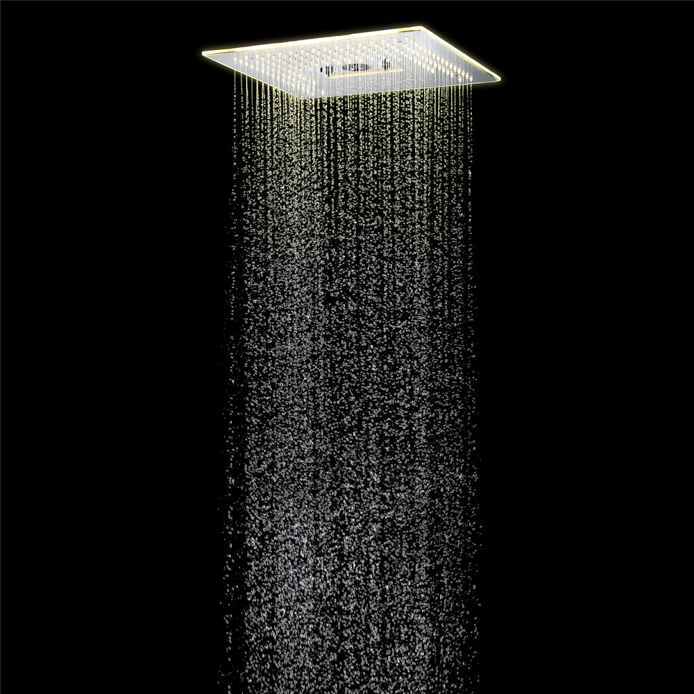 
                  
                    16 inch Brushed nickel Flushed mount rainfall waterfall mist hydro-water massage 64 LED light bluetooth music shower systems 5 way digital display thermostatic shower faucet
                  
                
