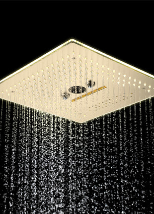 Brushed gold 16'' x 16'' music 64 LED light rainfall waterfall mist 360 Degrees rotating hydro jet stainless shower head flushed mounted