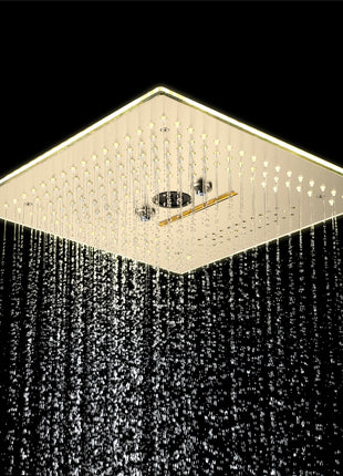 Brushed gold flushed on 16 inch rainfall waterfall mist hydro-water massage 64 LED light Bluetooth Music shower head 6 way digital display shower faucet with 6 body jets